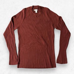 Daily Ritual Women's Burgundy Ribbed‎ Long Bell Sleeve Crew Neck Blouse Size XL